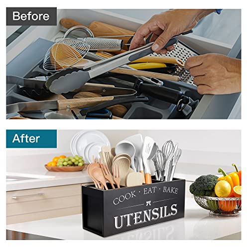 Suli Extra Large Kitchen Utensils Holder with 4 Compartments, Wooden Utensil Organizer for Kitchen Countertop, Farmhouse Kitchen Decor, Rustic Cooking Utensil - Black - My Kitchen Products
