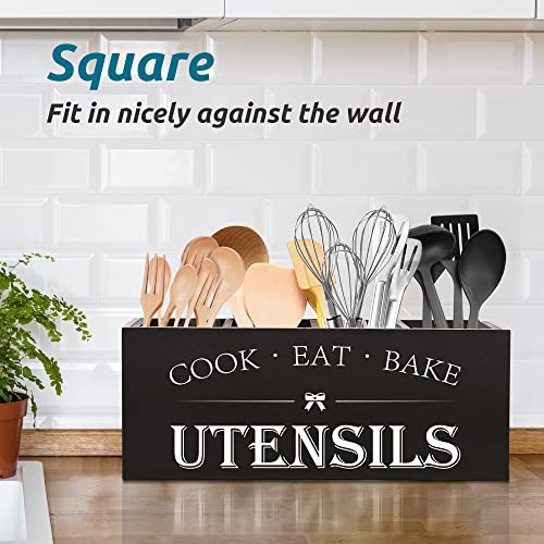 Suli Extra Large Kitchen Utensils Holder with 4 Compartments, Wooden Utensil Organizer for Kitchen Countertop, Farmhouse Kitchen Decor, Rustic Cooking Utensil - Black - My Kitchen Products