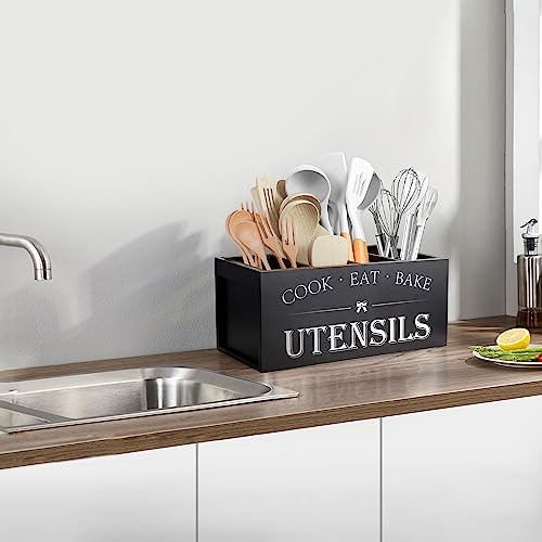 Suli Extra Large Kitchen Utensils Holder with 4 Compartments, Wooden Utensil Organizer for Kitchen Countertop, Farmhouse Kitchen Decor, Rustic Cooking Utensil - Black - My Kitchen Products