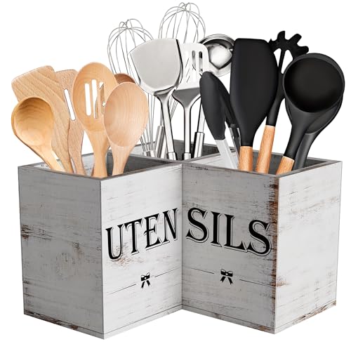 Suli Extra Large Utensil Holder with 3 Compartments,Corner Kitchen Shelf,Wooden Utensil Organizer for Kitchen