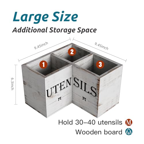Suli Extra Large Utensil Holder with 3 Compartments,Corner Kitchen Shelf,Wooden Utensil Organizer for Kitchen Countertop, Farmhouse Decor, Rustic Cooking Utensil Storage- White grain - My Kitchen Products