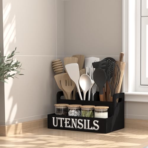 Suli Kitchen Utensils Holder, Wooden Utensil Organizer for Kitchen Countertop, Farmhouse Utensil Storage, Rustic Cooking Utensils ,4 Compartments,- Black - My Kitchen Products