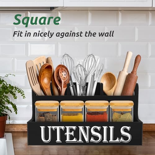 Suli Kitchen Utensils Holder, Wooden Utensil Organizer for Kitchen Countertop, Farmhouse Utensil Storage, Rustic Cooking Utensils ,4 Compartments,- Black - My Kitchen Products