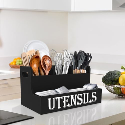 Suli Kitchen Utensils Holder, Wooden Utensil Organizer for Kitchen Countertop, Farmhouse Utensil Storage, Rustic Cooking Utensils ,4 Compartments,- Black - My Kitchen Products