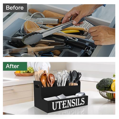 Suli Kitchen Utensils Holder, Wooden Utensil Organizer for Kitchen Countertop, Farmhouse Utensil Storage, Rustic Cooking Utensils ,4 Compartments,- Black - My Kitchen Products