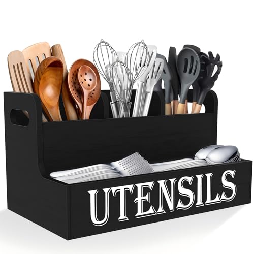 Suli Kitchen Utensils Holder, Wooden Utensil Organizer for Kitchen Countertop, Farmhouse Utensil