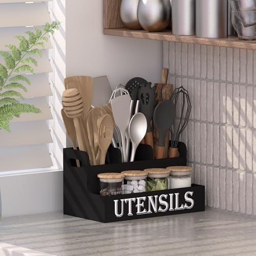 Suli Kitchen Utensils Holder, Wooden Utensil Organizer for Kitchen Countertop, Farmhouse Utensil Storage, Rustic Cooking Utensils ,4 Compartments,- Black - My Kitchen Products