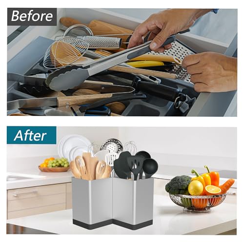 Suli Utensil holder,Kitchen Utensil Organizer for Corner Countertop,Extra Large Silverware Organizer with 3 Compartments,Farmhouse Decor,Iron,Silvery - My Kitchen Products