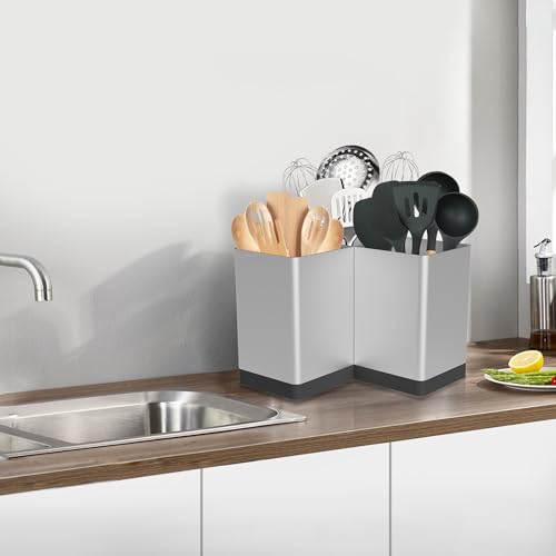 Suli Utensil holder,Kitchen Utensil Organizer for Corner Countertop,Extra Large Silverware Organizer with 3 Compartments,Farmhouse Decor,Iron,Silvery - My Kitchen Products