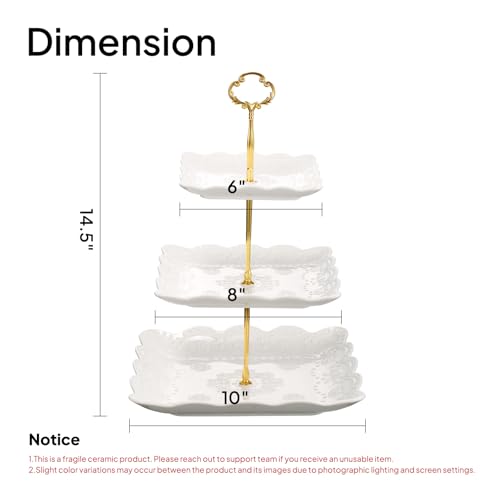 Sumerflos 3 Tier Porcelain Cupcake Stand, Tiered Serving Cake Stand, Square White Embossed Dessert Stand, Weddings Parties Pastry Serving Tray - My Kitchen Products