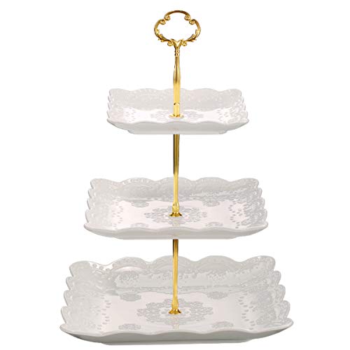 Sumerflos 3 Tier Porcelain Cupcake Stand, Tiered Serving Cake Stand, Square White Embossed Dessert