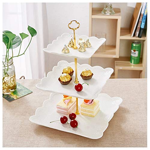Sumerflos 3 Tier Porcelain Cupcake Stand, Tiered Serving Cake Stand, Square White Embossed Dessert Stand, Weddings Parties Pastry Serving Tray - My Kitchen Products