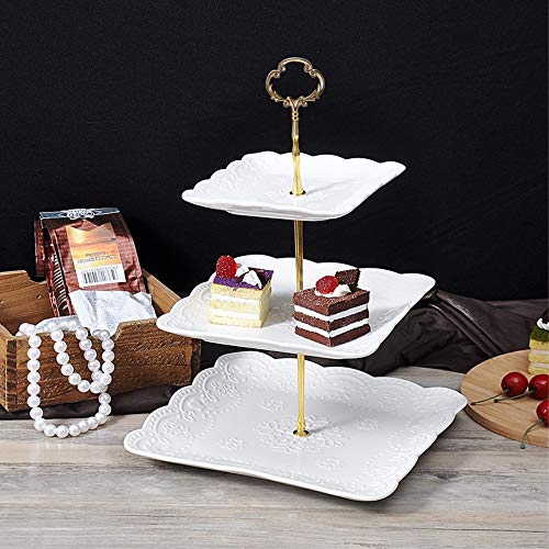 Sumerflos 3 Tier Porcelain Cupcake Stand, Tiered Serving Cake Stand, Square White Embossed Dessert Stand, Weddings Parties Pastry Serving Tray - My Kitchen Products