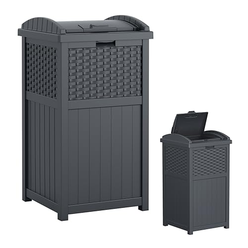 Suncast 33 Gallon Wicker-Style Hideaway Trash Can with Secure Latching Lid and Weather-Resistant Construction for Patio, Cyberspace Grey, Made in the USA - My Kitchen Products