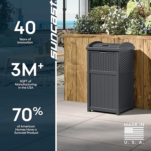 Suncast 33 Gallon Wicker-Style Hideaway Trash Can with Secure Latching Lid and Weather-Resistant Construction for Patio, Cyberspace Grey, Made in the USA - My Kitchen Products