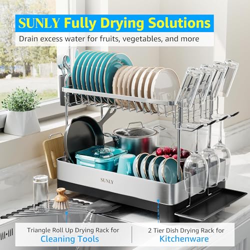 SUNLY 2 Tier Dish Drying Rack, Extra Large Dish Rack, Multifunctional Large Dish Drainers for Kitchen Counter, 304 Stainless Steel Kitchen Drying Rack, Bowl Drying Rack, Extendable Drain Spout, Black - My Kitchen Products