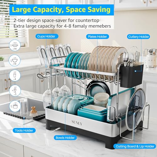 SUNLY 2 Tier Dish Drying Rack, Extra Large Dish Rack, Multifunctional Large Dish Drainers for Kitchen Counter, 304 Stainless Steel Kitchen Drying Rack, Bowl Drying Rack, Extendable Drain Spout, Black - My Kitchen Products