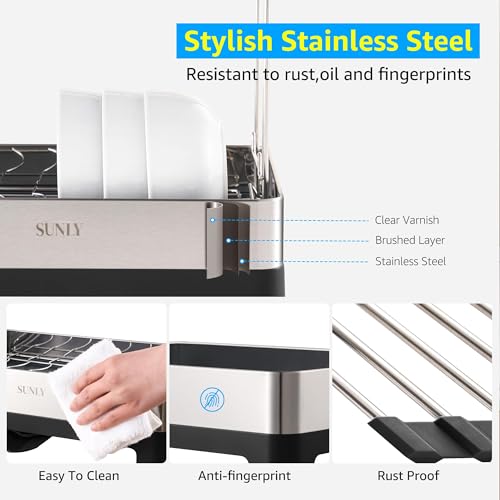 SUNLY 2 Tier Dish Drying Rack, Extra Large Dish Rack, Multifunctional Large Dish Drainers for Kitchen Counter, 304 Stainless Steel Kitchen Drying Rack, Bowl Drying Rack, Extendable Drain Spout, Black - My Kitchen Products