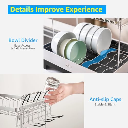 SUNLY 2 Tier Dish Drying Rack, Extra Large Dish Rack, Multifunctional Large Dish Drainers for Kitchen Counter, 304 Stainless Steel Kitchen Drying Rack, Bowl Drying Rack, Extendable Drain Spout, Black - My Kitchen Products