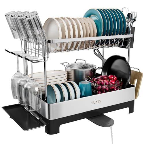 SUNLY 2 Tier Dish Drying Rack, Extra Large Dish Rack, Multifunctional Large Dish Drainers for Kitchen Counter, 304 Stainless Steel Kitchen Drying Rack, Bowl Drying Rack, Extendable Drain Spout, Black - My Kitchen Products