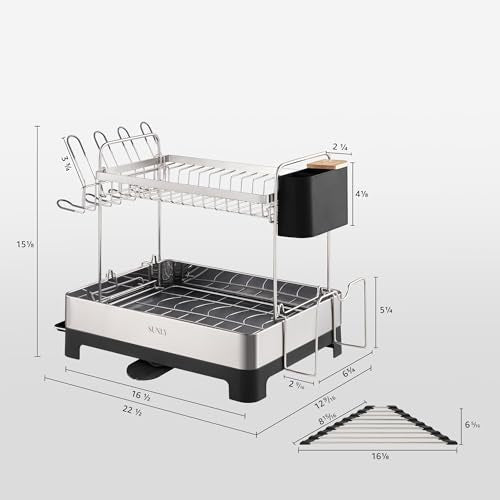 SUNLY 2 Tier Dish Drying Rack, Extra Large Dish Rack, Multifunctional Large Dish Drainers for Kitchen Counter, 304 Stainless Steel Kitchen Drying Rack, Bowl Drying Rack, Extendable Drain Spout, Black - My Kitchen Products