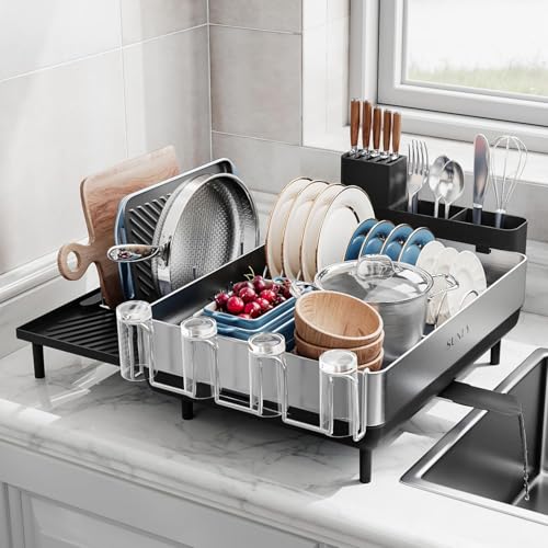 SUNLY Large Dish Drying Rack, Expandable Dish Racks for Kitchen Counter, Space Saving 304 Stainless Steel Drying Rack Kitchen, Extra Large Drainer with Multifunctional Flip Up Pegs, Black - My Kitchen Products