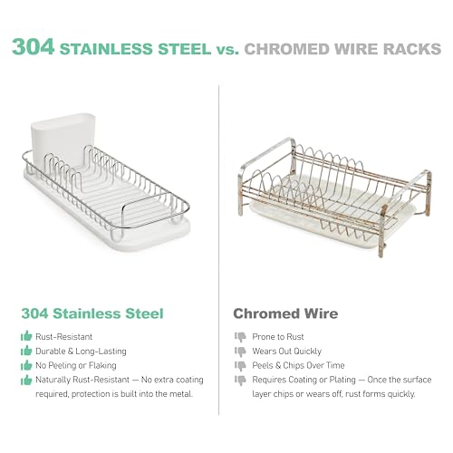SunnyPoint 304 Stainless Steel NeverRust Compact Dish Drying Rack with Utensil Holder & Removable Drain Tray, Rustproof Small Dish Rack for Kitchen Countertop or Over Sink (Metallic Silver, Compact) - My Kitchen Products