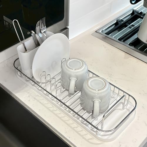 SunnyPoint 304 Stainless Steel NeverRust Compact Dish Drying Rack with Utensil Holder & Removable Drain Tray, Rustproof Small Dish Rack for Kitchen Countertop or Over Sink (Metallic Silver, Compact) - My Kitchen Products