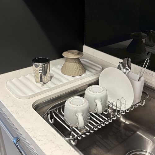 SunnyPoint 304 Stainless Steel NeverRust Compact Dish Drying Rack with Utensil Holder & Removable Drain Tray, Rustproof Small Dish Rack for Kitchen Countertop or Over Sink (Metallic Silver, Compact) - My Kitchen Products