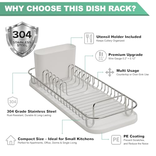 SunnyPoint 304 Stainless Steel NeverRust Compact Dish Drying Rack with Utensil Holder & Removable Drain Tray, Rustproof Small Dish Rack for Kitchen Countertop or Over Sink (Metallic Silver, Compact) - My Kitchen Products