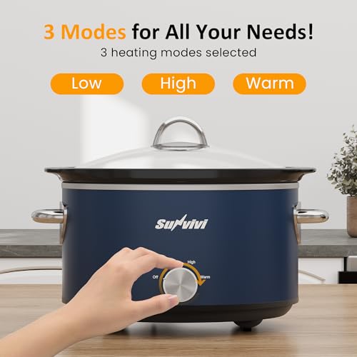 Sunvivi 4 Quart Slow Cooker & Mini Food Warmer with 3 Heating Settings, Removable Ceramic Pot, Dishwasher Safe Glass Lid, Stainless Steel, Blue - My Kitchen Products