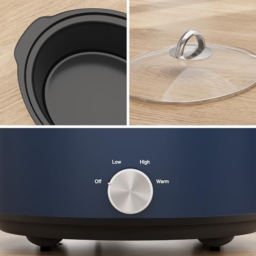 Sunvivi 4 Quart Slow Cooker & Mini Food Warmer with 3 Heating Settings, Removable Ceramic Pot, Dishwasher Safe Glass Lid, Stainless Steel, Blue - My Kitchen Products