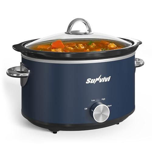 Sunvivi 4 Quart Slow Cooker & Mini Food Warmer with 3 Heating Settings, Removable Ceramic Pot, Dishwasher Safe Glass Lid, Stainless Steel, Blue - My Kitchen Products