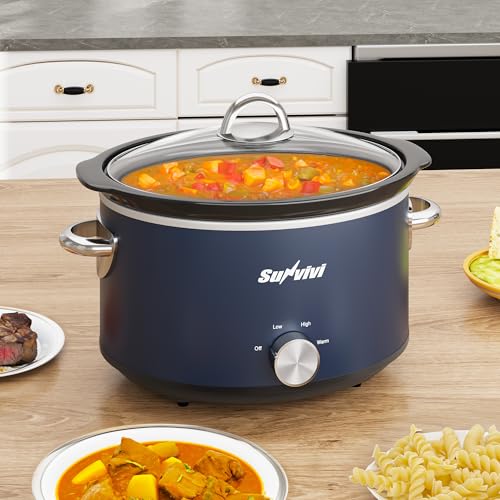 Sunvivi 4 Quart Slow Cooker & Mini Food Warmer with 3 Heating Settings, Removable Ceramic Pot, Dishwasher Safe Glass Lid, Stainless Steel, Blue - My Kitchen Products