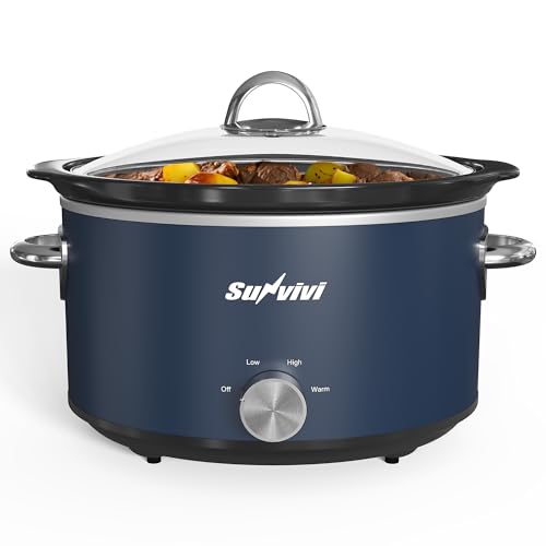Sunvivi 4 Quart Slow Cooker & Mini Food Warmer with 3 Heating Settings, Removable Ceramic Pot, Dishwasher Safe Glass Lid, Stainless Steel, Blue - My Kitchen Products