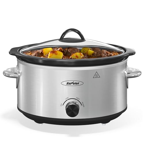 Sunvivi 4QT Slow Cooker & Mini Food Warmer with 3 Heating Settings, Removable Ceramic Pot, Dishwasher Safe Glass Lid, Stainless Steel - My Kitchen Products