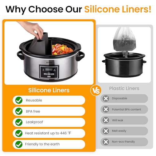 Sunvivi 6 Quarts Programmable Slow Cooker with Reusable Silicone Liners, Digital Timer, Adjustable Temp, Dishwasher Safe Divider Insert, Non-Stick Ceramic Pot & Glass Lid, Stainless Steel, Sliver - My Kitchen Products