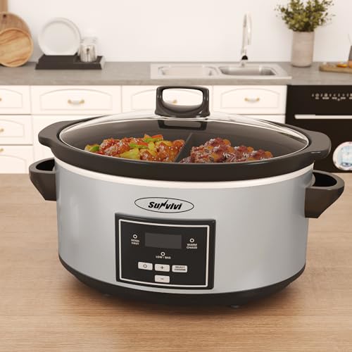 Sunvivi 6 Quarts Programmable Slow Cooker with Reusable Silicone Liners, Digital Timer, Adjustable Temp, Dishwasher Safe Divider Insert, Non-Stick Ceramic Pot & Glass Lid, Stainless Steel, Sliver - My Kitchen Products
