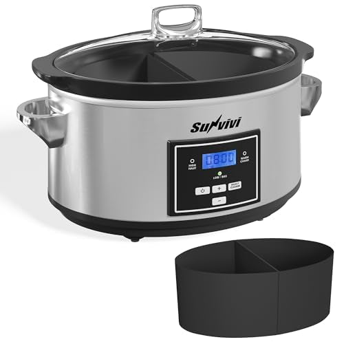 Sunvivi 6 Quarts Programmable Slow Cooker with Reusable Silicone Liners, Digital Timer, Adjustable Temp, Dishwasher Safe Divider Insert, Non-Stick Ceramic Pot & Glass Lid, Stainless Steel, Sliver - My Kitchen Products