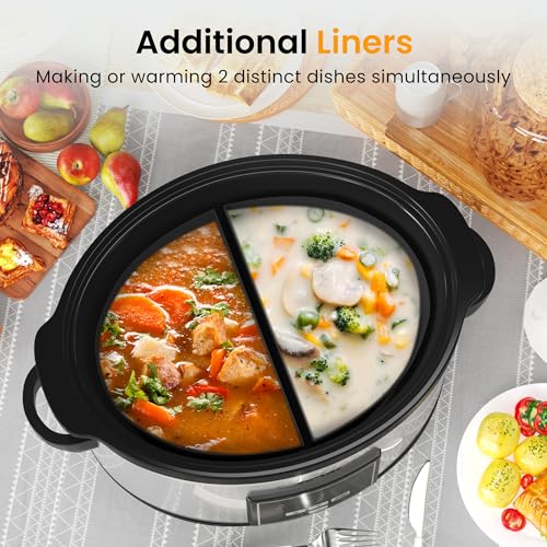 Sunvivi 6 Quarts Programmable Slow Cooker with Reusable Silicone Liners, Digital Timer, Adjustable Temp, Dishwasher Safe Divider Insert, Non-Stick Ceramic Pot & Glass Lid, Stainless Steel, Sliver - My Kitchen Products