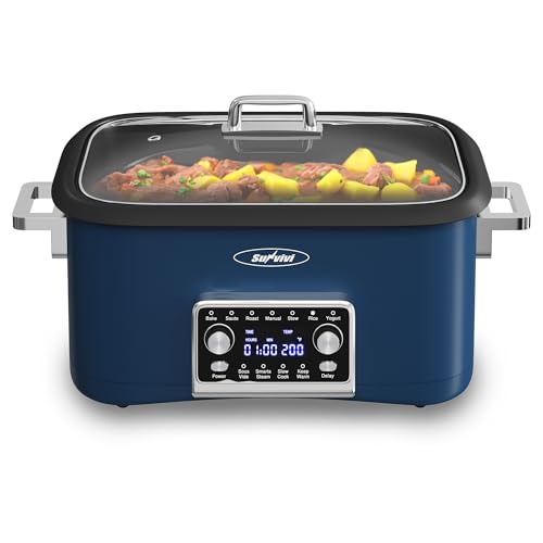 Sunvivi 8 Quart Slow Cooker Roaster Oven, 12 in 1 Programmable Multi-Cooker Food Warmer with Digital Timer, Temp Control, Removable Cast Aluminum Pot & Dishwasher-Safe Tempered Glass Lid, Blue - My Kitchen Products