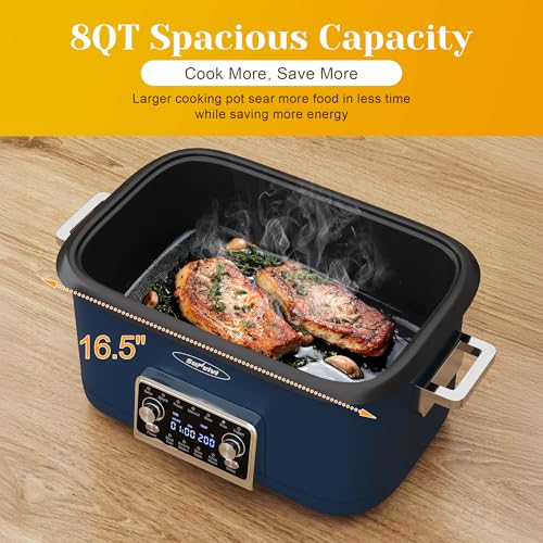 Sunvivi 8 Quart Slow Cooker Roaster Oven, 12 in 1 Programmable Multi-Cooker Food Warmer with Digital Timer, Temp Control, Removable Cast Aluminum Pot & Dishwasher-Safe Tempered Glass Lid, Blue - My Kitchen Products