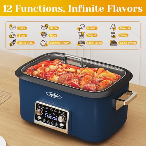 Sunvivi 8 Quart Slow Cooker Roaster Oven, 12 in 1 Programmable Multi-Cooker Food Warmer with Digital Timer, Temp Control, Removable Cast Aluminum Pot & Dishwasher-Safe Tempered Glass Lid, Blue - My Kitchen Products