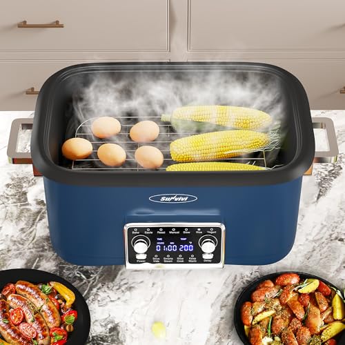 Sunvivi 8 Quart Slow Cooker Roaster Oven, 12 in 1 Programmable Multi-Cooker Food Warmer with Digital Timer, Temp Control, Removable Cast Aluminum Pot & Dishwasher-Safe Tempered Glass Lid, Blue - My Kitchen Products