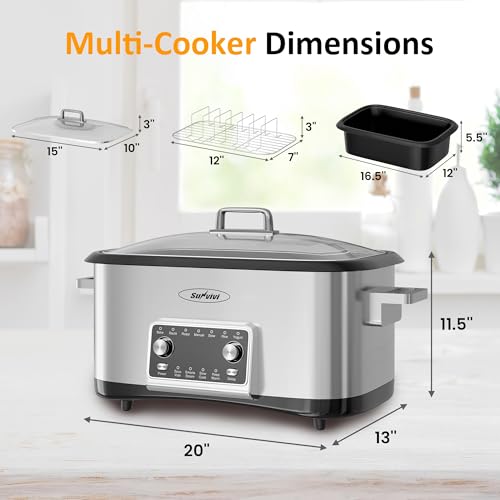 Sunvivi 8 Quart Slow Cooker Roaster Oven, 12 in 1 Programmable Multi-Cooker with Digital Timer, Temp Control, Keep Warm, Removable Non-stick Aluminum Pot & Dishwasher-Safe Glass Lid, Stainless Steel - My Kitchen Products