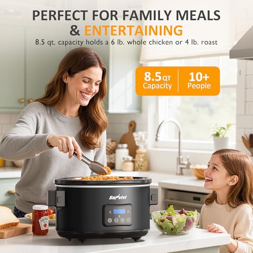 Sunvivi 8.5 Quart Programmable Slow Cooker: Multi-Cooker Food Warmer with Locking Lid & Digital Timer, Adjustable Tempature Control, Dishwasher Safe, Perfect for Families and Gatherings, Black - My Kitchen Products