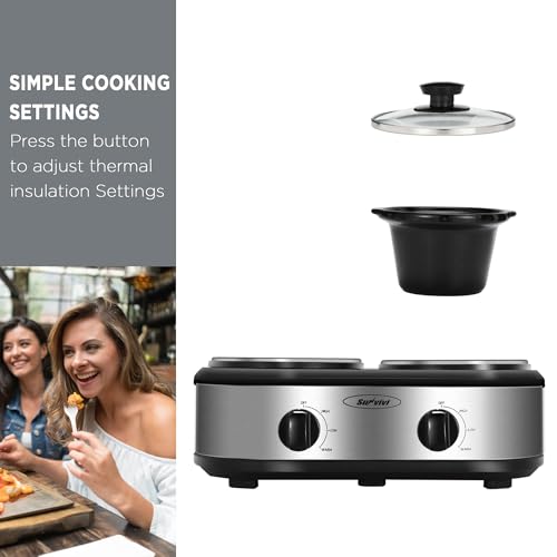 Sunvivi Dual Slow Cooker, Buffet Server and Food Warmer, Small Mini Pot with 3 Adjustable Temp & 2 Visible Glass Lids, for Parties, Holidays and Entertaining, Stainless Steel, 2 * 1.25 Quarts - My Kitchen Products