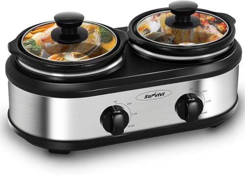 Sunvivi Dual Slow Cooker, Buffet Server and Food Warmer, Small Mini Pot with 3 Adjustable Temp & 2 Visible Glass Lids, for Parties, Holidays and Entertaining, Stainless Steel, 2 * 1.25 Quarts - My Kitchen Products
