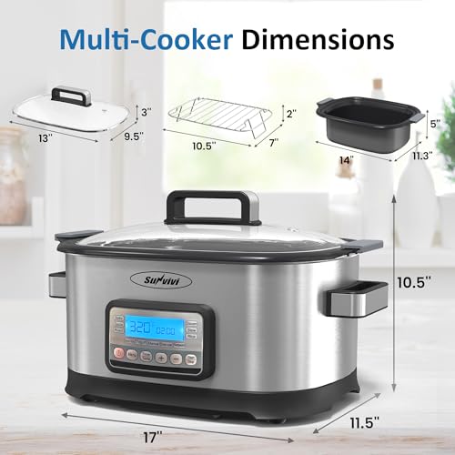 SUNVIVIPRO 11-in-1 Multicooker, 6.5QT Slow Cooker Roaster Oven, Digital Programmable Multi Functional Pot with Timer, Temp Control, Delay Start, Glass Lid, Removable Nonstick Pot & Roast/Steam Rack - My Kitchen Products