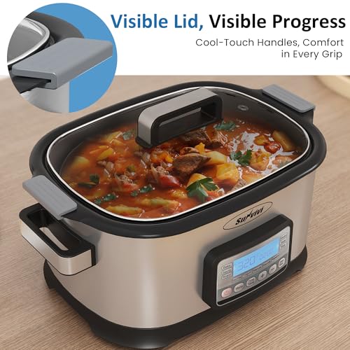 SUNVIVIPRO 11-in-1 Multicooker, 6.5QT Slow Cooker Roaster Oven, Digital Programmable Multi Functional Pot with Timer, Temp Control, Delay Start, Glass Lid, Removable Nonstick Pot & Roast/Steam Rack - My Kitchen Products